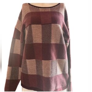 Natura Womens Plaid Ribbed Burgundy Tan Sweater Large